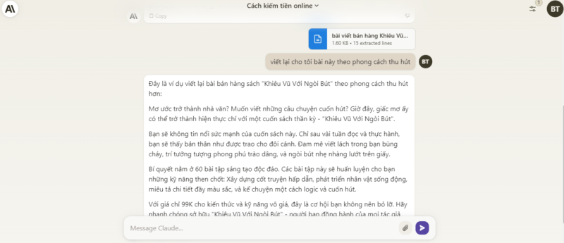 Chatbot Claude tom tat duoc mot file tai len